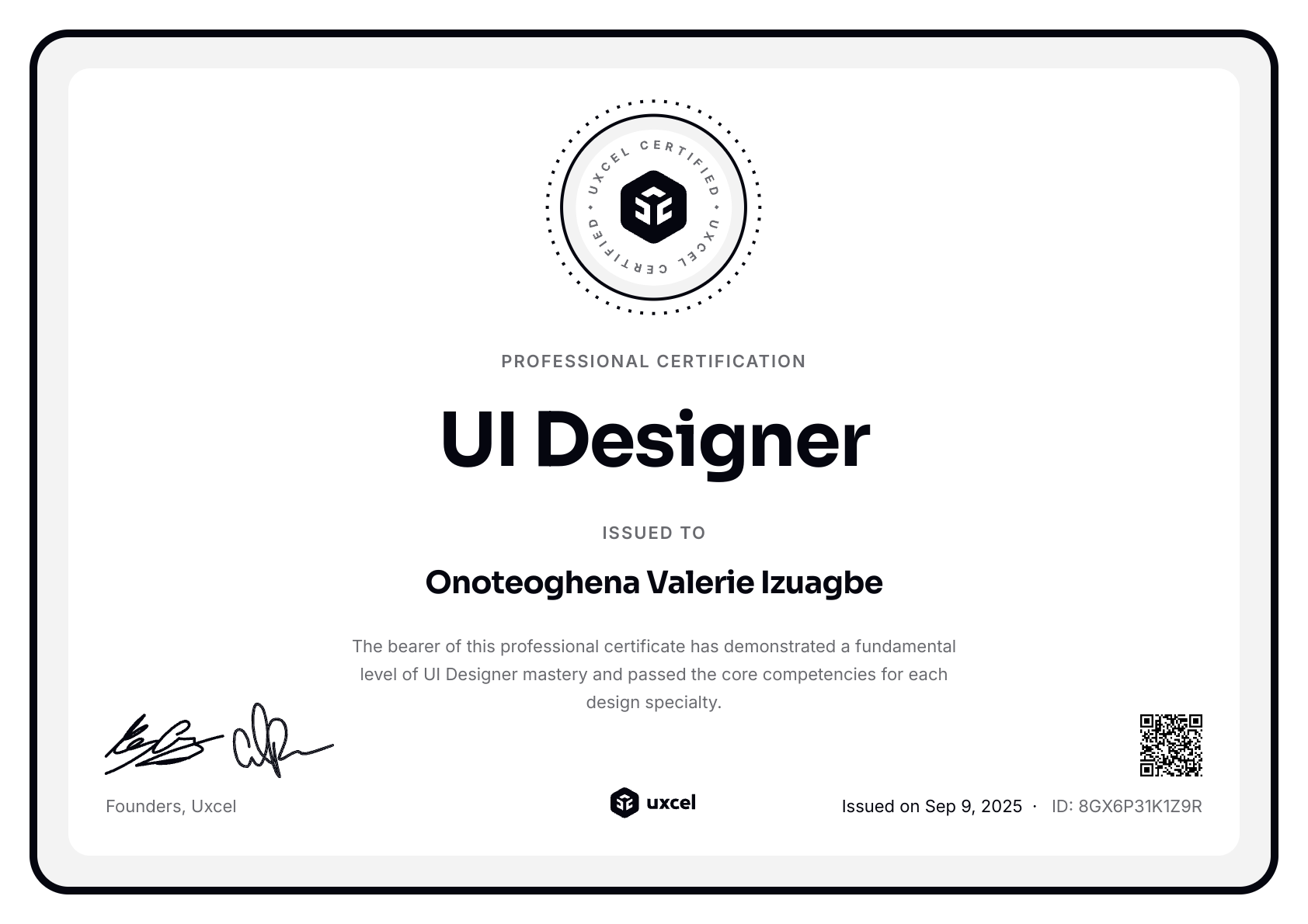 Onoteoghena Valerie Izuagbe's certificate